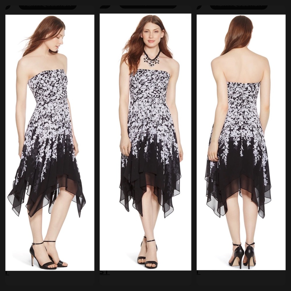 White House Black Market  Floral Strapless Layered Scarf Hem Dress sz 0 WHBM